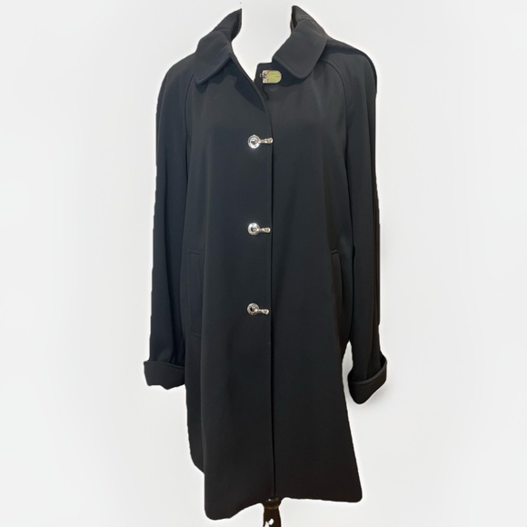 London Fog Trenchcoat Jacket Detachable Hood Black Gold Hardware Size Large - Picture 13 of 16